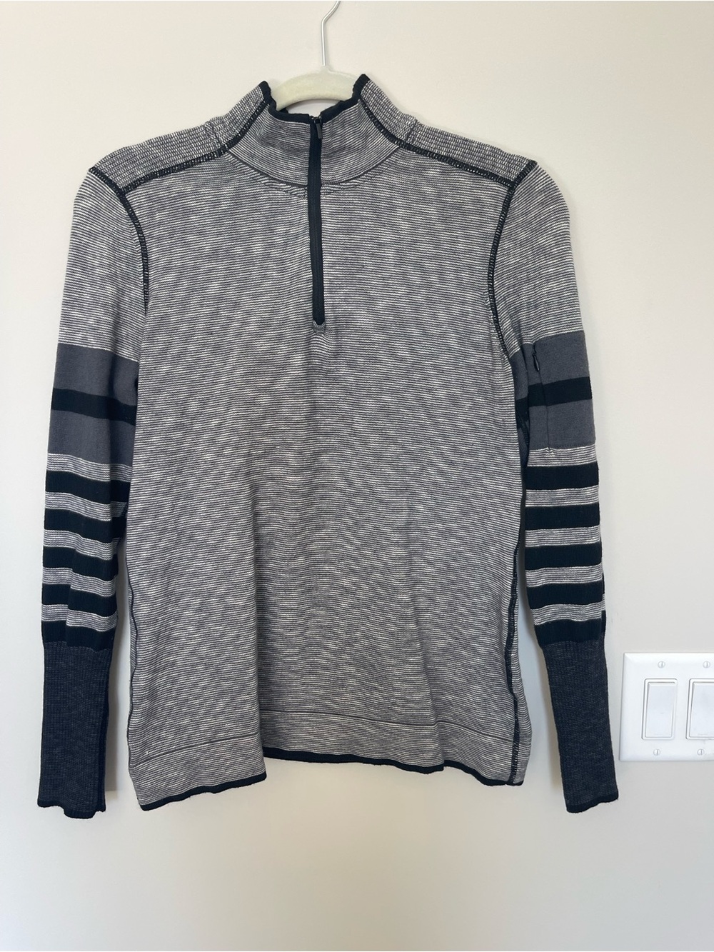 Prana Women's Gray Tellie Half-Zip Sweater with Striped Sleeves